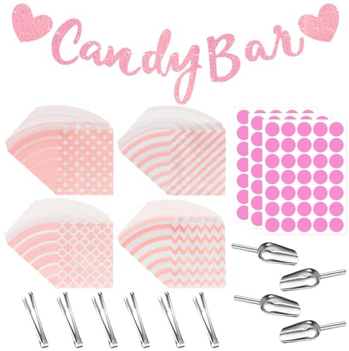 114PCS Set di Accessori per Candy Bar,Contiene 100 Sacchetti di Caramelle,3 adesivi,6 pinze per zucchero,4 Pale di Caramelle,1 Striscione Candy Bar Banner per caramelle,bar,buffet