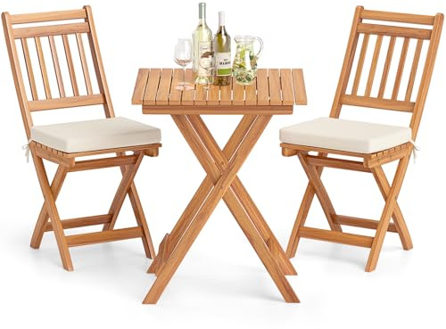 RELAX4LIFE Set Bistro in Legno di Acacia 3 Pezzi Pieghevole, Tavolo e 2 Sedie da Giardino con Cuscini Confortevoli, Tavolo Portato 80 kg/Sedia 180kg, per Patio, Balcone, Terrazzo e Piscina (Modello 1)