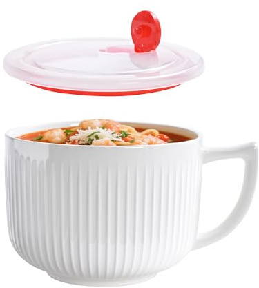 Ceramic Soup Bowl with Handle, Extra Large 38oz Ramen Bowl with Lid, Jumbo Soup Mug/Cup for Oatmeal, Cereals, Pasta, Noodle, Soup Container Meal-prep, Microwave & Dishwasher safe, 5.5 inch-White