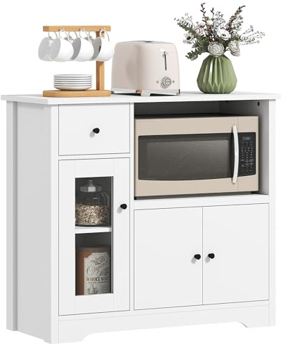 HOMCOM Küchenschrank Sideboard mit Arbeitsplatte, Mikrowellenregal Mikrowellenschrank mit 3 Türen, Schublade, Verstellbare Ablagen, Aufbewahrungsschrank für Küche, Esszimmer, Wohnzimmer, Weiß