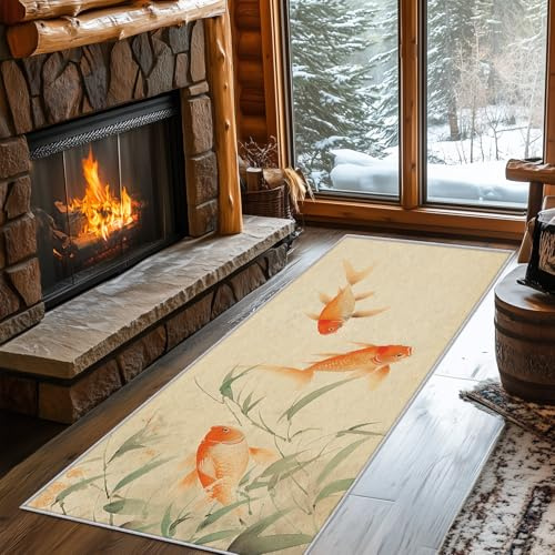 Koi Fish Runner Rug 2x4 Small - Hallway Runner Rug Goldfish Asian Oriental Bamboo Pattern, Non Slip, Washable, Koi Fish Home Decor Carpet for Kitchen, Entryway, Bedroom, Laundry Room J344