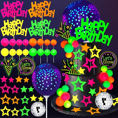 40 PCS Glow Cake Topper Set with Disco Ball Balloon Cakes Ball Star Happy Birthday Toppers in 4 Colors Party Decorations for Neon Cakes Black Light Party Supplies