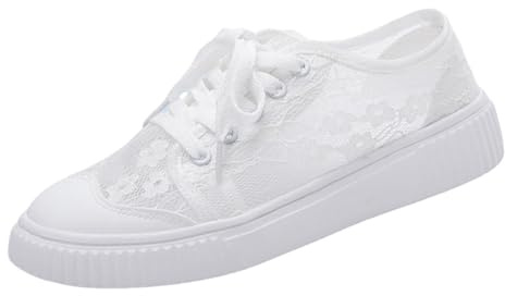 UK 5.5 Women Summer Embroidery Lace Plimsoll Trainers Lace up Mesh Sneakers Shoes, Ladies Low Top Slip on Summer Beach Pumps Fashion Trainers Casual Flat Shoes A5_White Footwear
