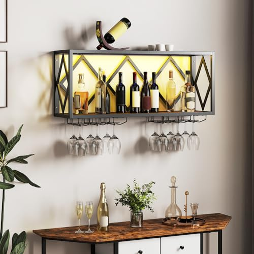 COSTWAY Weinregal Wand mit LED Beleuchtung, 2 Ebenen Flaschenregal Holz mit Metallrahmen, mit 6 Reihen Weingläserhalter, Industrial Design, ideal für Zuhause, Bar, Küche und Restaurant