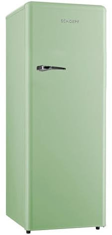 SCHOEPF – RKS245SGD Vollraum-Kühlschrank 145,6 cm – Retro Design – Grün – 238 L – LED-Beleuchtung – Höhenverst. Füße – 40 dB – Freistehend – Vintage Look - Getränkekühlschrank, Standardkühlschrank