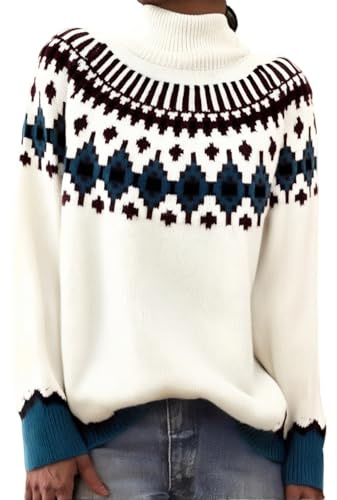 Jersey para mujer con estampado geométrico - Jersey de punto noruego con cuello redondo | Jersey de otoño con sutil patrón jacquard, S