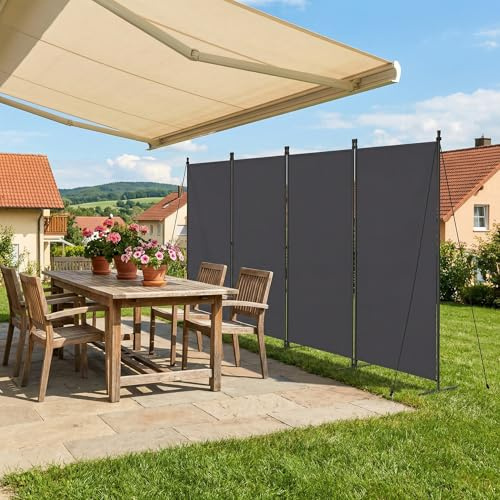 UISEBRT Paravent Outdoor wetterfest mit Heringen und Abspannleinen,Klappbar Freistehend Trennwand ohne Bohren,mobiler sichtschutz für Garten Balkon terrasse,4 Teilig 320 x 180 cm Dunkelgrau