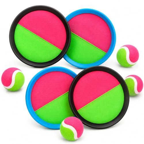 Kardborrbollsspel set för barn, 4 fångstskivor Ø 18,5 cm + 4 kardborrebollar, kast och fångsspel för utomhus, trädgårdsleksaker för barn från 3 år, bollspel för trädgård, strand park