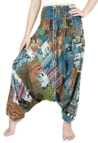 Lofbaz - Pantaloni Harem femminili per yoga, stile patchwork, boho, hippie, bohémien, Aladino, unisex - Verde - Piu` formato