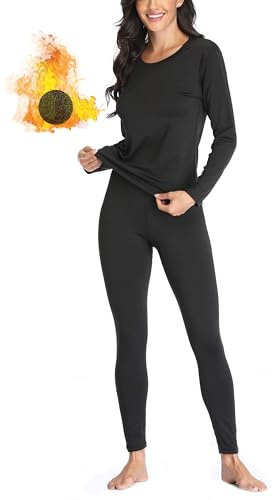 TEEPIRE Women 's Thermal Underwear Set with Lightweight Ultra Soft Fleece Lined,Long John Set, Moisture-Wicking Skiing Base Layer (Large) Black