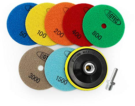 BGTEC Platorelli per Lucidatura a Secco Diamantati da 100 mm per Graniglie Miste di Marmo Granito 7 pezzi Pastiglie con 1 pezzo di Supporto in Plastica M14 e 1 pezzo di Adattatore con Gambo Rotondo