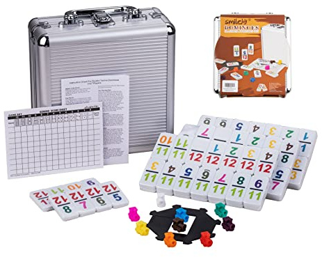 Mexikanische Zugnummer, Dominosteine, Set mit 12 Dominosteinen, 91 Fliesen, Spiele mit Aluminiumgehäuse, Zahlen-Dominosteine, gut bemalt für Kinder und Erwachsene, mexikanische Zug-Dominosteine