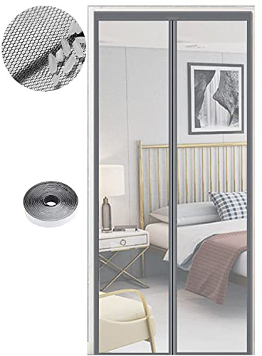 Magnetiskt insektsnät för dörrar, olika storlekar, 95 x 200 cm, kraftfulla magneter, automatisk stängning, uteplats gardin, dörr utan borrning, ren grå