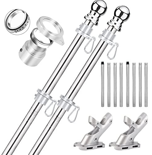 Bubblythe 2 Pack Flag Poles for House, 5 FT Flag Pole Kit with 2 No-Tangle Aluminum Ring Clips and Holder Mounting Bracket, Heavy Duty Stainless Steel Flag Poles for Outside House, Boat Flagpole, 5ft