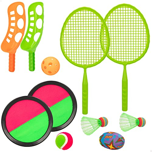 ColorBaby CB Toys 49543 - Strandspielzeug-Set für Kinder, 2 Badmintonschläger, 2 Räder, 2 Launcher, 2 Bälle, 1 Rugbyball, 2 Ball, 2 Ballscheiben, 2 Stück
