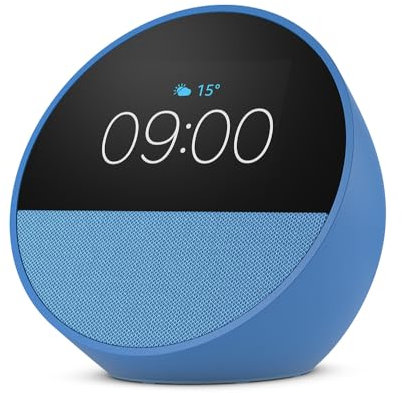 Zertifiziert und generalüberholt Amazon Echo Spot (2024), smarter Wecker mit sattem Klang und Alexa, Blau