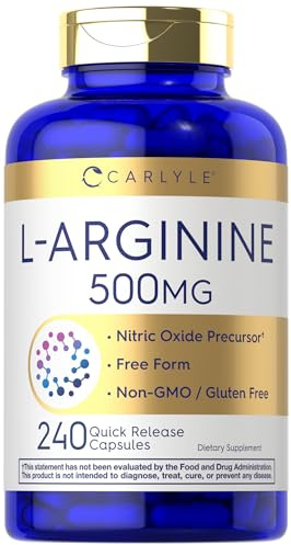 Carlyle L-Arginine 500 mg Capsules | 240 Count | Nitric Oxid Precursor | Free Form Amino Acid | Non-GMO & Gluten Free Supplement