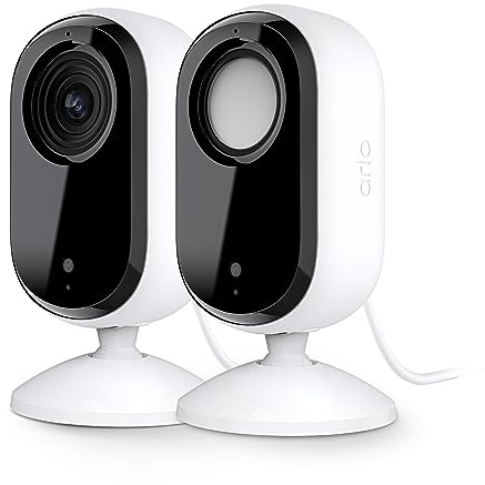Arlo Essential Indoor Security Camera 2K (2nd Gen, 2023 Release) - Wired Plug-in Power, Person Recognition, Animal Detection, 1-Month Trial of Secure Plan, Automated Privacy Shield, 2 Cam, White