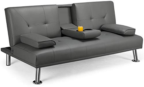 Yaheetech Divano Letto con 2 Cuscini Mobile in Ecopelle Divano Convertibile in Letto Arredamento Pieghevole 3 in 1 con Supporto Centrale Porta Bicchieri 167 × 81,5 × 75 cm da Soggiorno Grigio