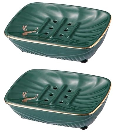 TOWINE Travel Soap Box 2-Piece Set of Simple Ceramic Soap Box Double-Layer Drain Storage Box Home Bathroom Washstand Soap Box (Color : Green, Size : 15cm*10cm*3.5cm)