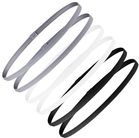 ieron 6 fasce elastiche sportive per capelli, unisex, per donne e uomini, antiscivolo, in silicone, per sport, corsa, palestra, hockey, calcio, tennis, yoga (nero, grigio, bianco)