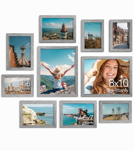 Vittanly 10-pack bildramar collage väggdekor, galleriram set för väggmontering eller bordsskärm, flera storlekar inklusive 2 st 8 x 10, 4 st 5 x 7, 4 st 4 x 6, grå