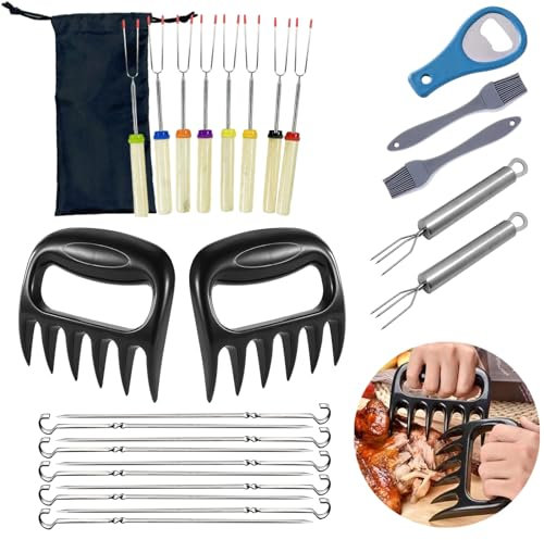 26 Stück Grillspieße Teleskop Set, Grillbesteck mit Aufbewahrungstasche, Maiswerkzeug, Fleischteiler, BBQ-Gabel, Pinsel, Flaschenöffner, Roasting Sticks, Schaschlikspieße für Außenbereich, Lagerfeuer