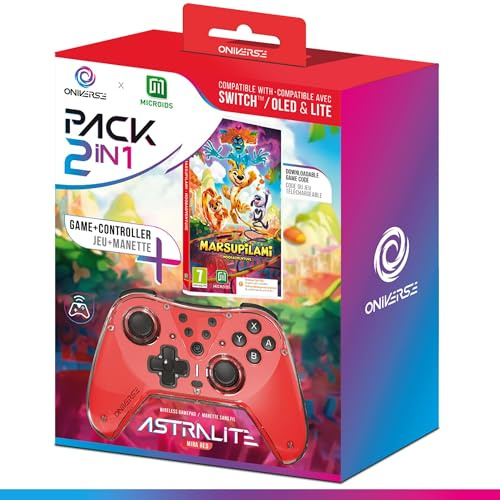 Oniverse Pack 2 en 1 Manette Switch + Jeu Marsupilami (Code téléchargement), manette sans fil Switch OLED Lite, Vibrations réglables, mode Turbo, Gyroscope 6 axes, Astralite (Mira Red/Rouge)