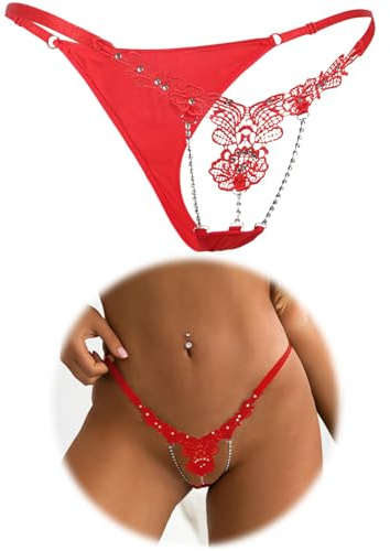comeondear Womens G-String Thongs Sexy Floral Tanga Briefs Ladies Plus Size Underwear Micro Bikini Low Rise T-Back Panties Rhinestones Knickers Red UK S-M