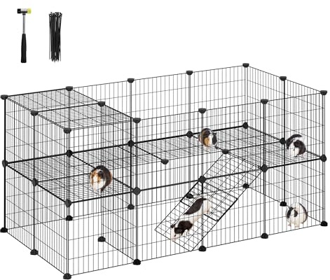 SONGMICS 2-Floor Metal Pet Playpen, 36 Grid Panels, Customisable Cage Enclosure for Small Animals, Guinea Pigs Hamster Runs, Rabbit Hutches, Includes Mallet, Indoor, 123 x 63 x 61 cm, Black LPI002B01