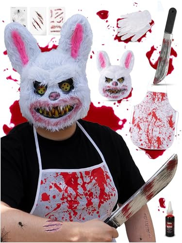 Festicy Horror Hase Kostüm für Herren, Damen und Teenager I Einheitsgröße I inkl. Halloween Maske, Kunstblut Halloween, Machete u.v.m. I Halloween Kostüm Herren 2025 I Halloween Kostüm Damen