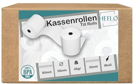 HEFLO 50 Thermorollen 80mm X 59mm x 12mm, 50m lang, Ø 59mm, BPA freies und FSX MIX zertifiziertes Thermopapier, Kassenrollen passend für Epson, Bixolon, Metapace, SNBC, Orderman, Sewoo, Star, Citizen