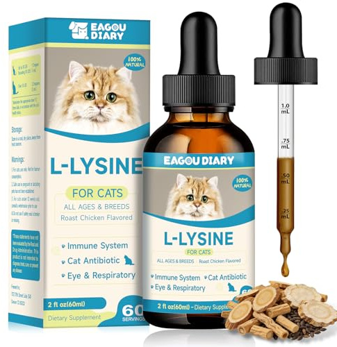 L-Lisina per Gatti - Gocce di Lisina Supporto Immunitario per Gatti - Sollevamento delle Allergie per Gattino e Cuccioli, Starnuti, Antibiotici per Gattino con Vitamine e Minerali, Colostrum, 60 ml