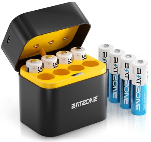 Pile Rechargeables AA Lithium 8-Pack avec Chargeur, 3000 mWh Haute Capacité - Piles Lithium AA 1,5 V Constantes, Plus de 1600 Cycles de Vie pour Une Durée de Vie Longue
