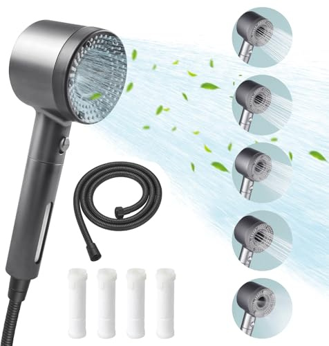 Pommeau de Douche Haute Pression, Pommeau de Douche Anti Calcaire avec tuyau 1,5M 5 Niveaux Réglables économie d'eau avec Filtre Economie Deau Avec Bouton D'ArrêT D'Eau