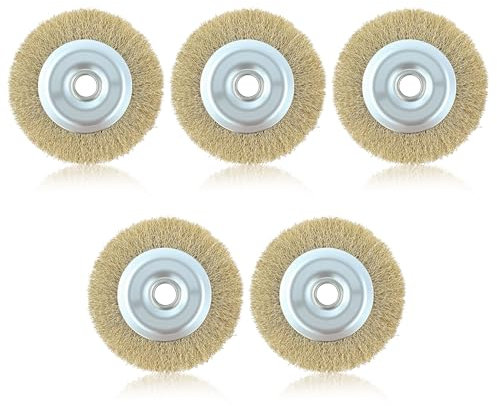 100mm Wire Wheel Brush 4-Inch Brass Plated Crimped Steel Wire Brush Bench with 16mm Arbor Hole Compatible with Patio Cleaners Drills Grinders for Rust Removal Polishing Deburring Joint Cleaning (5Pcs)