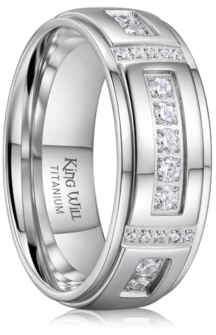King Will Men's Titanium Wedding Band - 8mm Polished Band with Step Edges and Cross Design Featuring White Zirconia Insets Comfort Fit Size 9