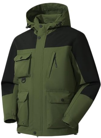 Waterproof Jacket Mens Windproof Zip Button Breathable Coat Outdoor Multi Pockets Hiking Camping Hooded Jacket men's casual jackets mens lightweight jackets 5xl Army Green XXL