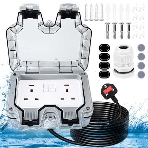 Double Outdoor Socket with 3m Extension Lead, Outdoor Plug Sockets IP66 Waterproof Wall Garden 13 Amp 2 Gang Storm Switched Socket Outside Power Plug Sockets Electrical Outlet Cover Box (Grey)