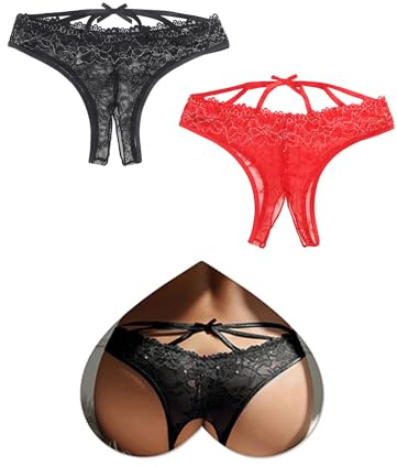 ohmydear Tanga abierta sexy de encaje tanga mujer seductora correas cruzadas en la parte posterior Slip mujer con agujero patrón floral bragas sexymujer transparente, L