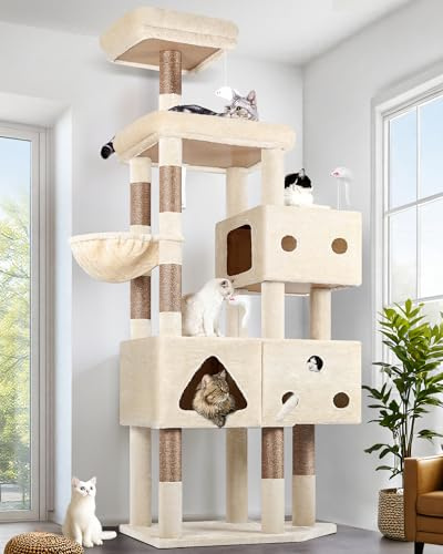Globlazer Beige Rascador para Gatos Grandes XXL 207 cm con 3 Divertido Nidos Grande 45 * 35cm, Plataforma Amplio, Perchas, Cesta, Enorme Arbol Rascador para 4-5 Gatos Adultos Interiores (F81, Beige)
