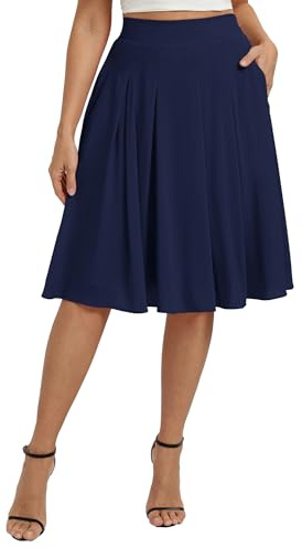 Belle Poque Jupe mi-longue élégante pour femme Taille haute A-ligne de base plissée avec poches, bleu marine, M