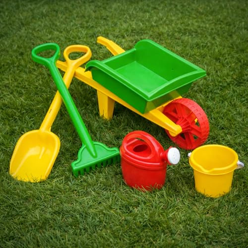 Kids Garden Wheelbarrow Toy Set – Children Outdoor Gardening Playset with Shovel, Rake, Watering Can & Bucket