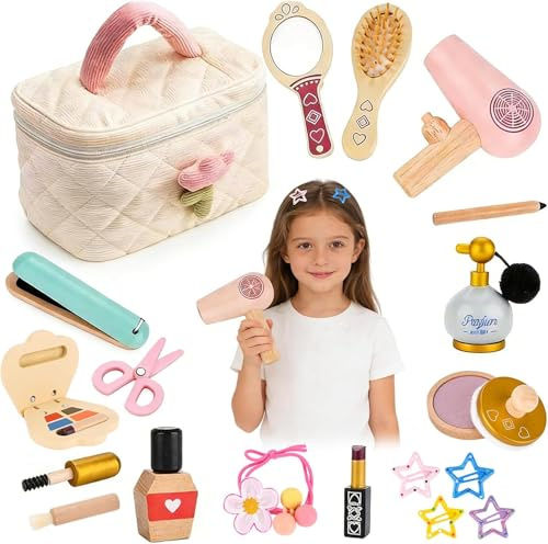 TOSUTO Set Trucchi Bambina in Legno Finti, Set di Trucchi e Parrucchiere in Legno con Rossetto Profumo Giocattoli per Bambini Ragazza 3 4 5 6 7 8 Anni