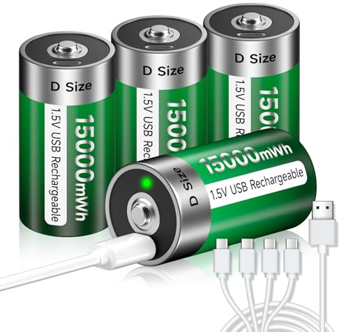Palogreen 4 pilas USB D recargables de litio/15000 mWh – 1,5 V Mono D celdas pilas recargables Lr20 carga rápida en 4 horas con cable de carga tipo C, protección contra sobrecarga