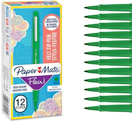 Paper Mate Flair Felt Tip Pens | Medium Point (0.7 mm) Marker Pens | Green Pens | For WritingMarkingDrawing & Sketching | 12 Count
