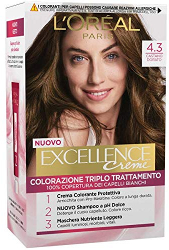 L'Oréal Paris Excellence Creme, Tinta Colorante con Triplo Trattamento Avanzato, Copre i Capelli Bianchi per un Risultato a Lunga Durata, 4.3 Castano Dorato