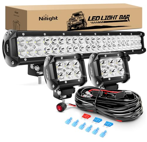 Nilight - ZH002 20Inch 126W Spot Flood Combo Off Road Led Light Bar 2PCS 18w 4Inch LED Pods With 16AWG Wiring Harness Kit-3 Lead For Tractor, 2 Years Warranty