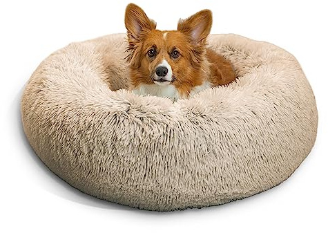 Best Friends by Sheri The Original Calming Donut Dog Bed for Medium Dogs up to 45 lbs, Shag Faux Fur, Taupe, Medium, 30 x 30