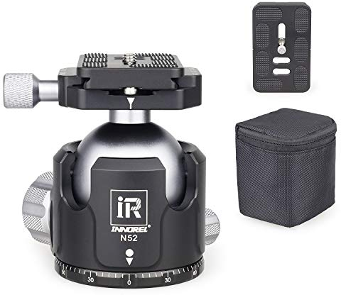 INNOREL N52 Rótulas Cabeza Bola de Perfil Bajo Cabeza Giratoria de Trípode de 360 Grados Rótula de Bola Metálica Carga a 30kg φ52mm Ballhead con 2 Plato de Liberación Rápida, Bolsa de Almacenamiento
